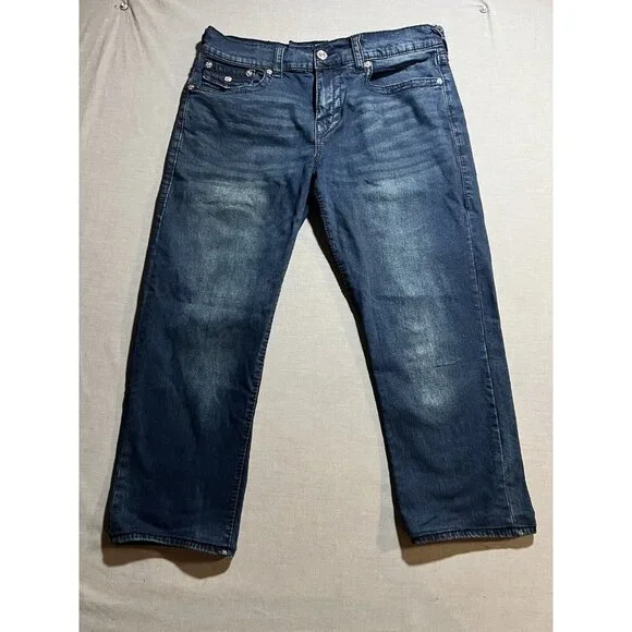True Religion Geno Relaxed Slim Jeans Mens 34x25 Blue‎ Dark Wash Flap Pockets.