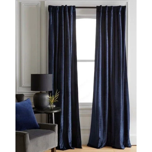 NEW Quince Navy Luster Velvet Room Darkening Curtain Panel  48