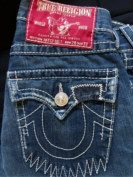 True Religion men’s Dark Blue Straight Leg Jeans with Contrast Stitching