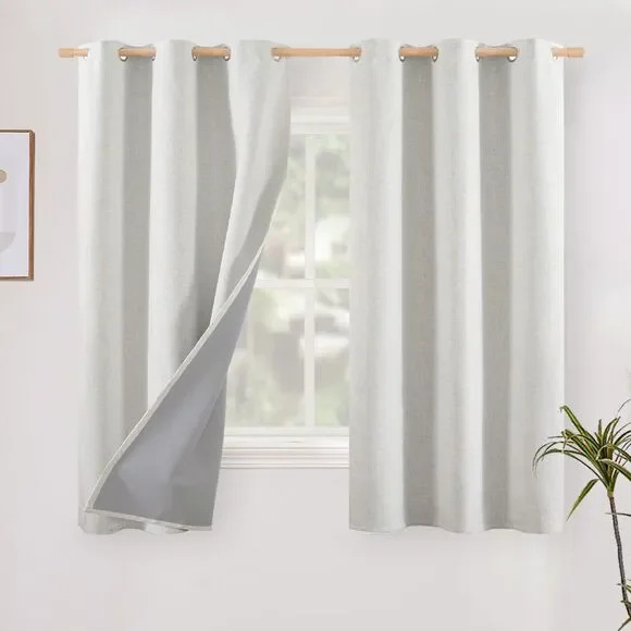 Set of 2 Curtain Panels, 42 X 40 Inch, Ivory Linen Blackout Curtains