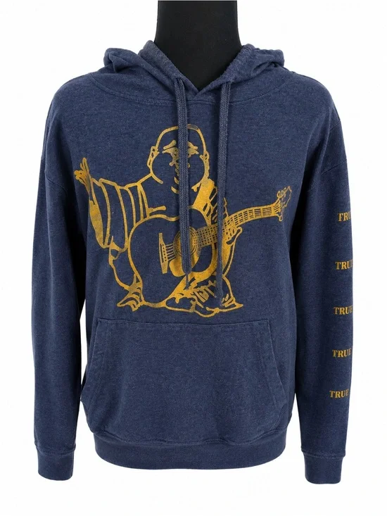 True Religion Buddha Graphic Pullover Hoodie Navy Blue Gold Logo Sleeve Large