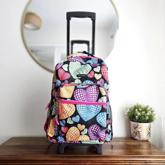 Rockland Rolling Backpack School Bag Travel Luggage Mesh Pockets New Heart 17″