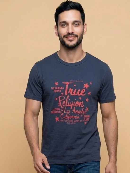NWT Unisex True Religion NAVY Blue Short Sleeve Graphic Tee Shirt - Size Large
