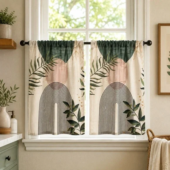 Modern Boho Botanical Cafe Curtains Set 2 Geometric Arch Green Blush 38x27