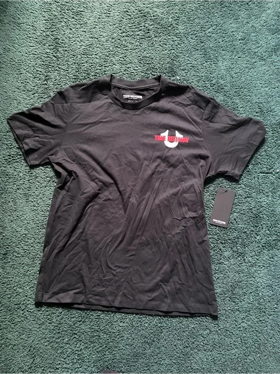 True Religion Black Short Sleeve Tee with Red Logo