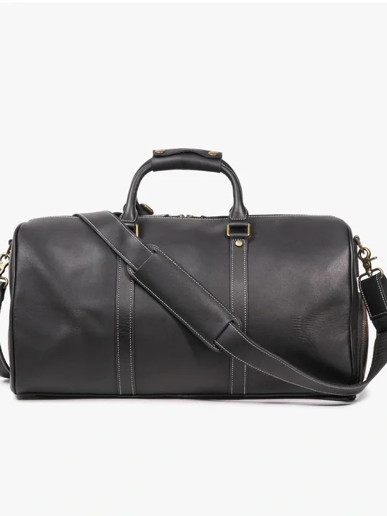 Mens Black Genuine Leather Overnight Duffel Bag Weekender Travel Carry-On 22”