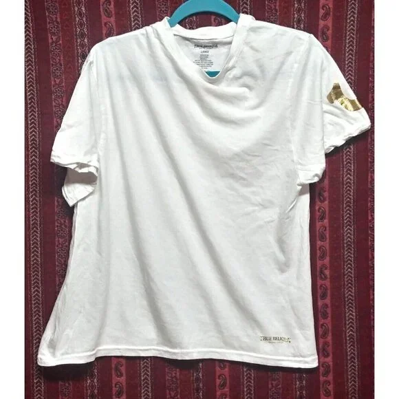 True Religion Brand Jeans T-Shirt Large white & Metallic Gold cotton short slv