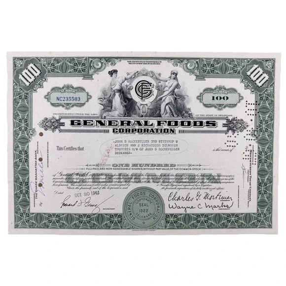 John D. Rockefeller 3rd 1969 General‎ Foods Corp Stock Certificate