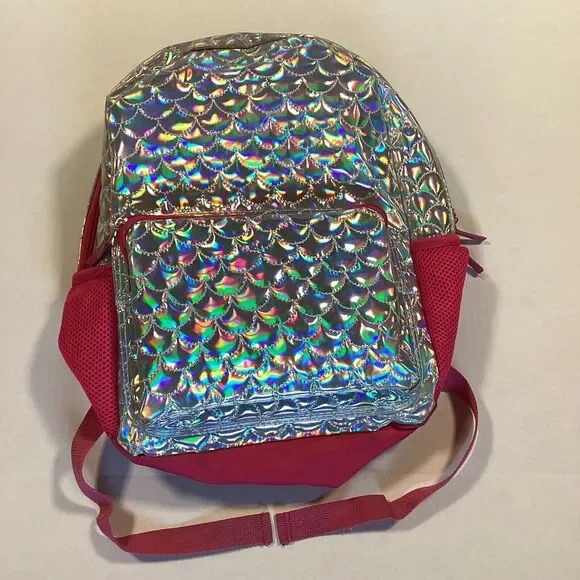 Kids' Mermaid Quilted Backpack Pink And Silver 2 Pockets And 2 Drink Pockets