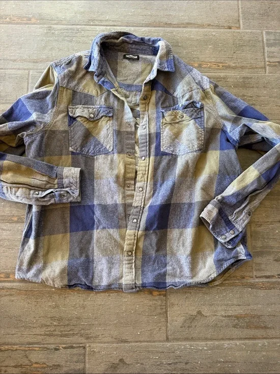 True Religion Blue and Olive Plaid Button-Up Shirt