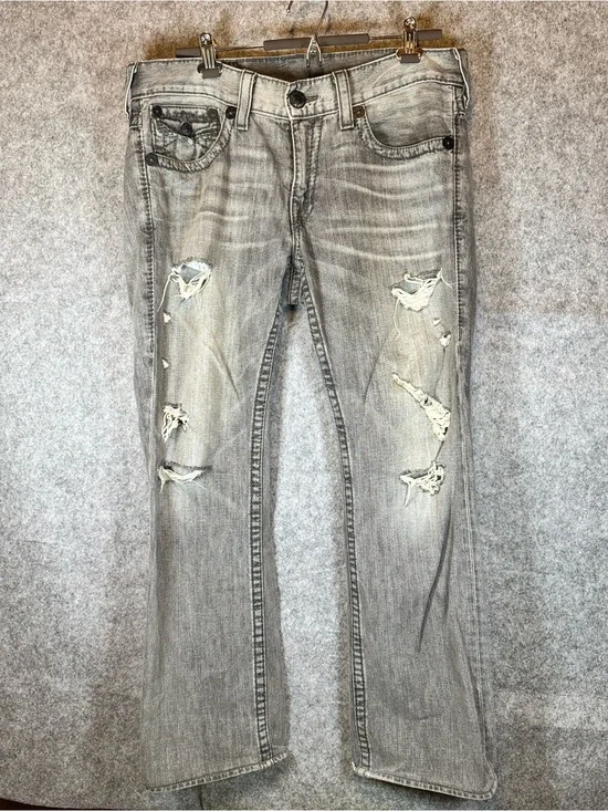 True Religion Ricky Big T Distressed Gray Jeans Size 34
