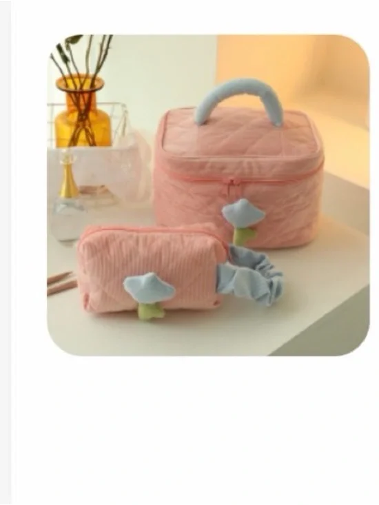 GOGO Pink Kids Travel Cosmetic Bag Set with Light Blue Flower Charms