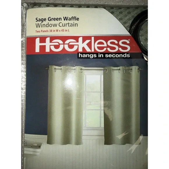 Hookless Hang In Seconds Sage Green Waffle Window Curtain 2 Panels 38x45 NEW!