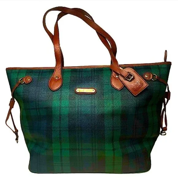 Black Watch Plaid Coated Canvas Leather Oversized Shoulder Bag Metal Feet