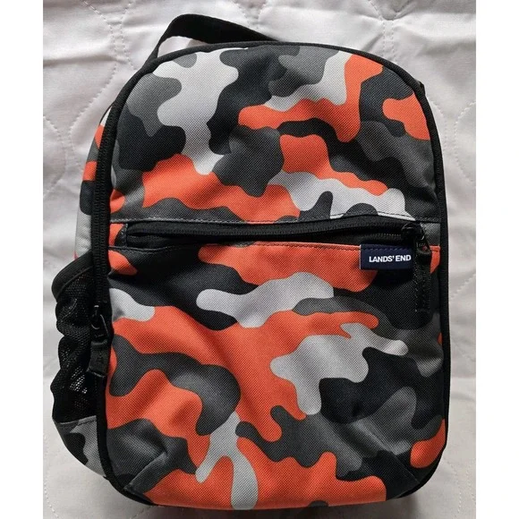 Lands' End Orange Gray Black Camo Lunch‎ Box Zip Around Bag