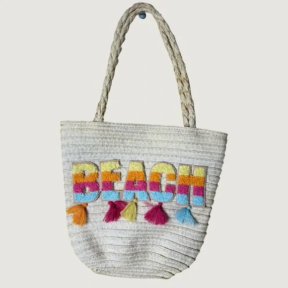 Kids Beach Straw Tote Bag Rainbow Chenille Patch Tassels Woven Summer Bag