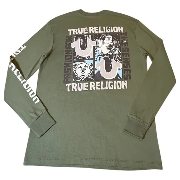 True Religion Long Sleeve T Shirt Mens Medium Green New Buddha Graphic Cotton
