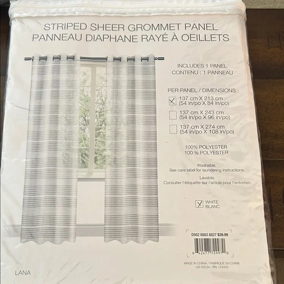 Distinctly Home Lana White Striped Sheer NWT Grey Grommet Panel Curtain 54Wx84L