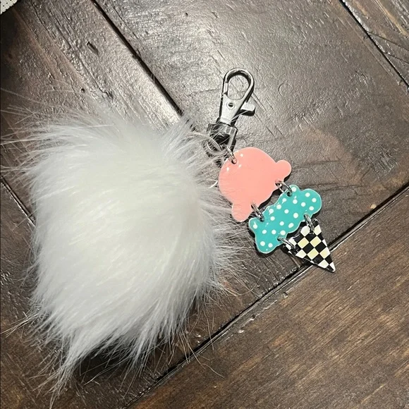 Fluffy White‎ Pom Pom Keychain with Ice Cream Charm