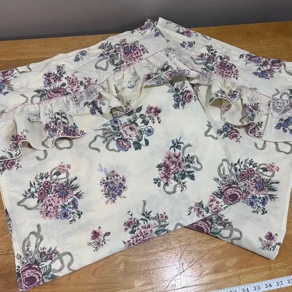 Handmade Floral Rose Ribbon Ruffle Lace Curtain Panels Cream Purple 39x86 Set‎ 2