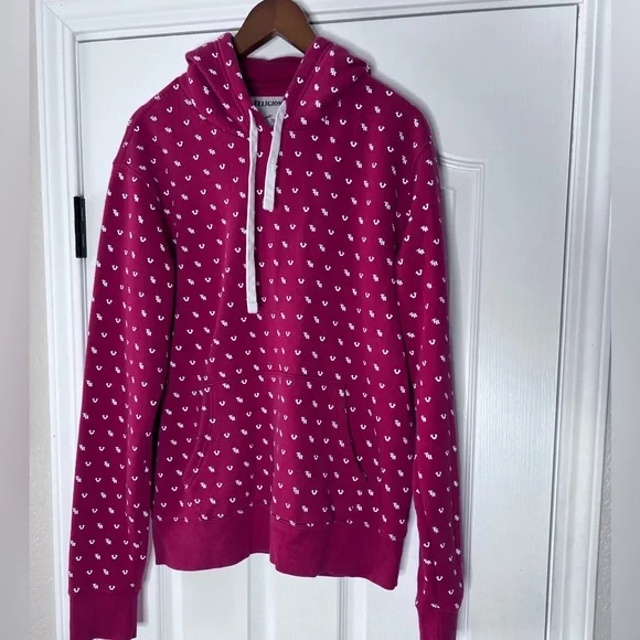 True Religion Red and White Hoodie - Men Med (Women’s Large)