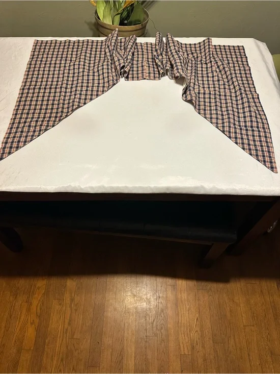Primitive Plaid Valance Curtain Panel in Navy / Tan / Red set of 2