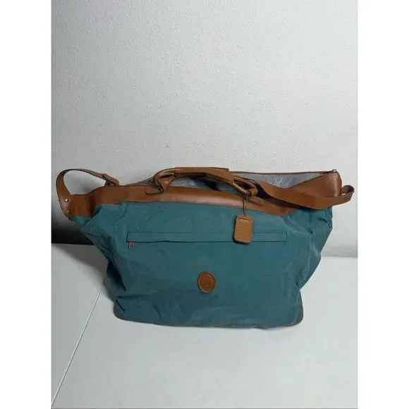 Vintage Travel Duffle Traveler Green Brown Weekend Faux Leather Trim See Notes