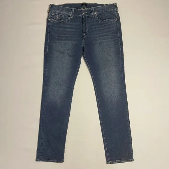 True Religion Jeans Mens 40 x 33 Blue Geno Relaxed Slim SN Flap Stretch 44223