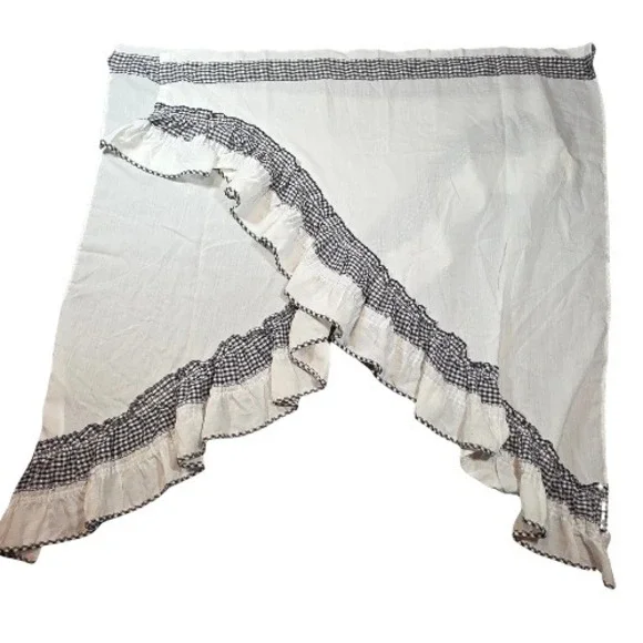 Set Black White Check Cotton Ruffled Swag Valance Gingham  Farmhouse Vtg Curtain