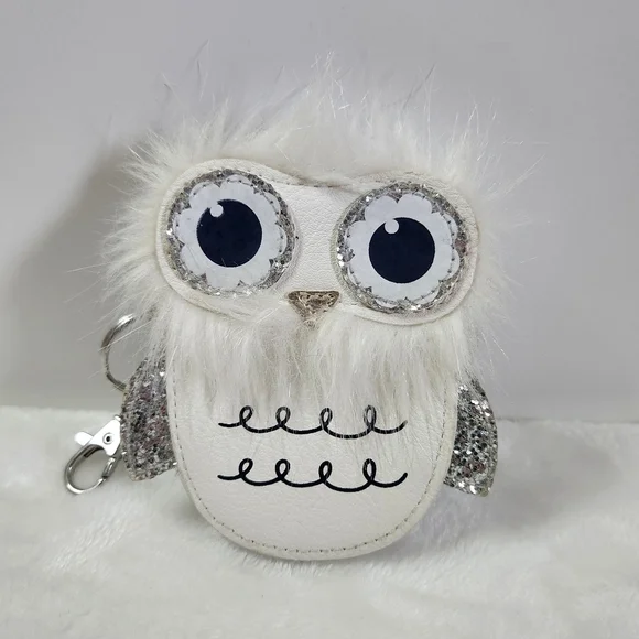 Target Owl Faux Leather Fur Trim White Silver Glitter Coin Purse Keychain NWOT