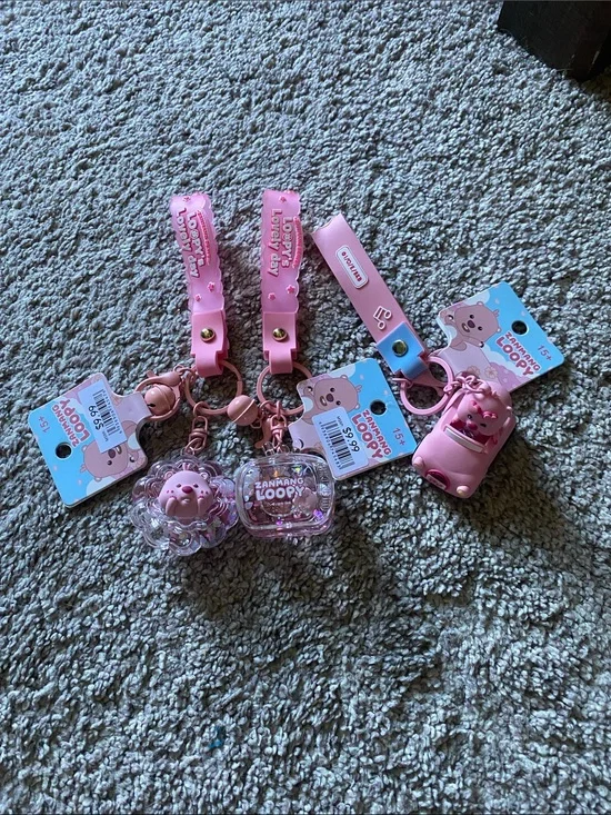 Loopy Case Pink Kids Keychain Charm Set with Cute Character Straps