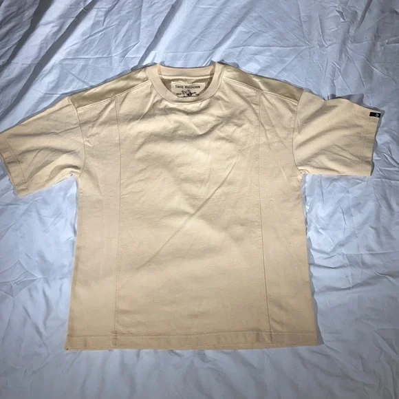 True Religion Mens Beige Satin Shoulders Short Sleeve Crew Neck Shirt
