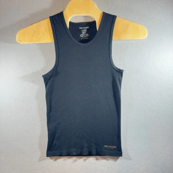 574 |True Religion Mens 2XL Ribbed Slim Sleeveless Logo Y2K Tank Top Black