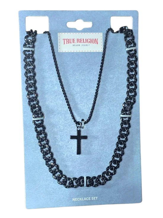 True Religion Black Cuban Link CZ Cross Pendant Necklace Set NWT New