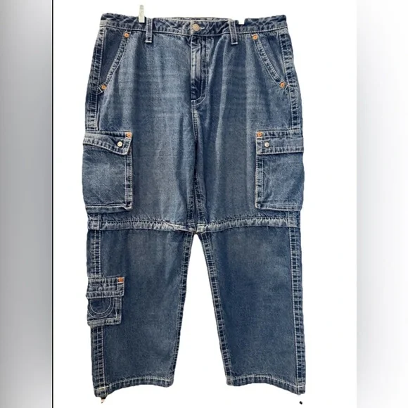 True‎ Religion Baggy Big T Cargo Jeans Zip Knees 38 Pockets