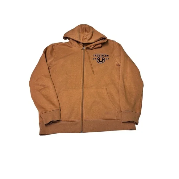 True Religion Mens XL Brown Zip Up Horseshoe Logo Fleece Hoodie Sweatshirt 2002‎