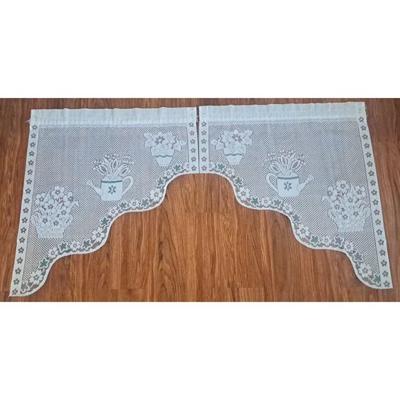 White Knit Lace Swag Curtains Arched Flower Bouquet 2 PC Pink Green 56x31