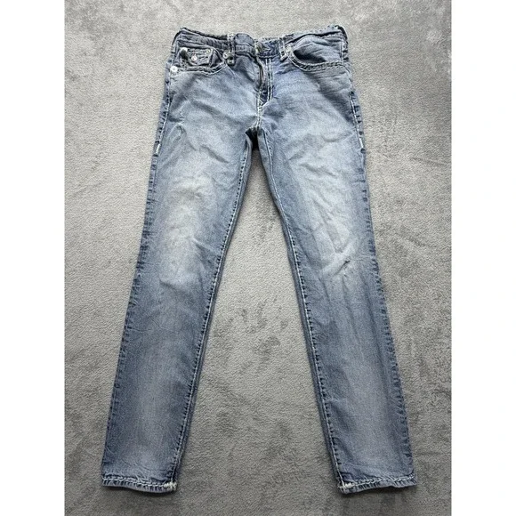 True Religion Jeans Mens Measure 37x33 Blue Geno Relaxed Slim Light Wash Stretch