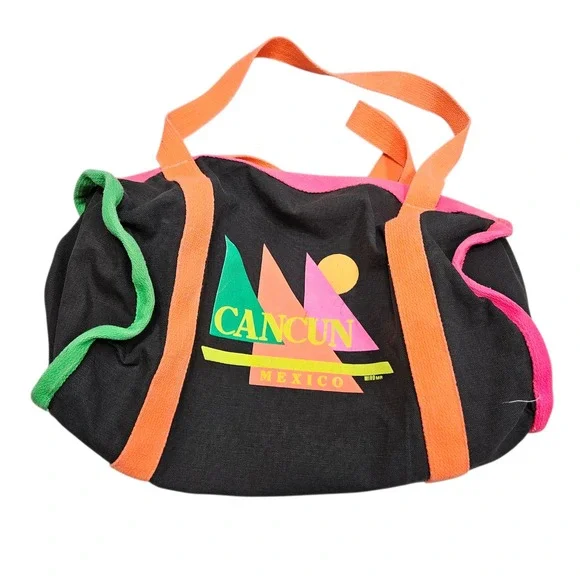 Vintage 80s 90 Cancun Mexico‎ Mini Duffel Bag Neon Trim Travel Beach Bag