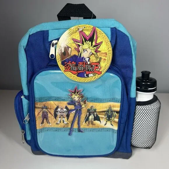 Rare New Old Stock Vintage 1996 Yu-Gi-Oh Canvas Backpack with water bottle Blue