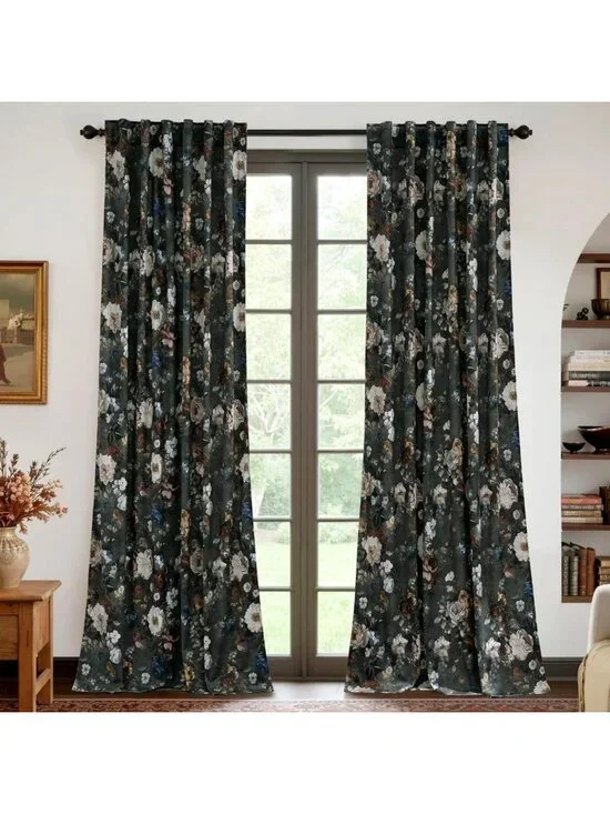 Vintage Floral Green Velvet Curtains, 90