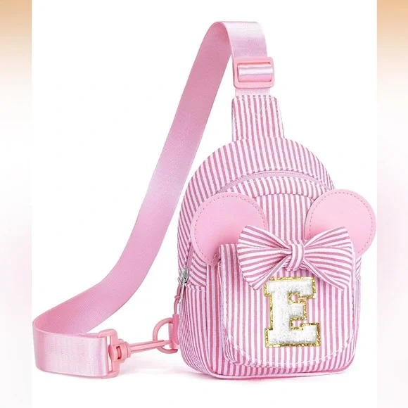 Pink Initial ‘E’ Striped Reversible Crossbody Sling Bag Backpack Girls Bow Bag