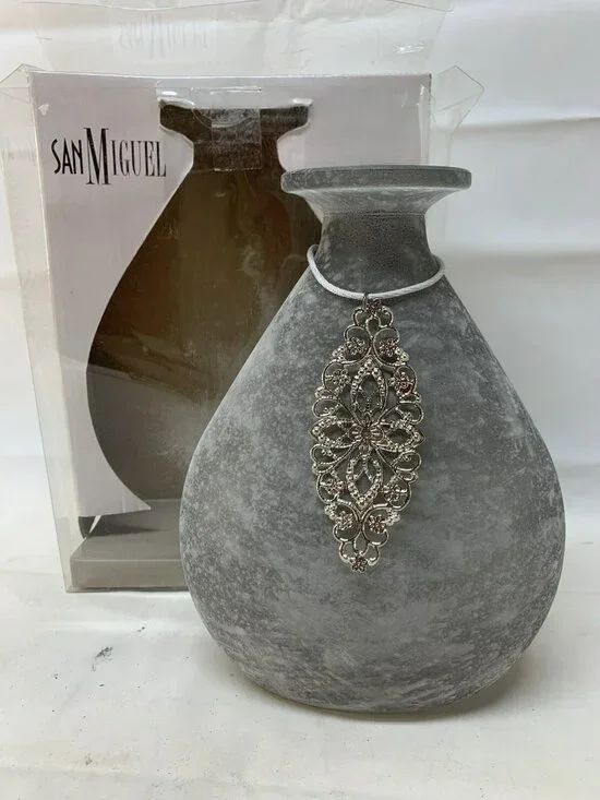 NIB San Miguel Frosted Gray Glass Vase Reed Diffuser Silver Medallion Charm