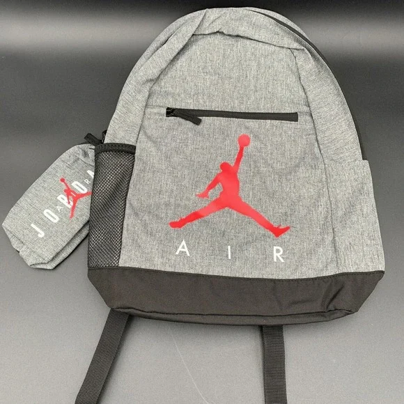 Air Jordan Backpack w/ Pouch Pencil Case Gray & Black Carbon Heather Large‎ Size