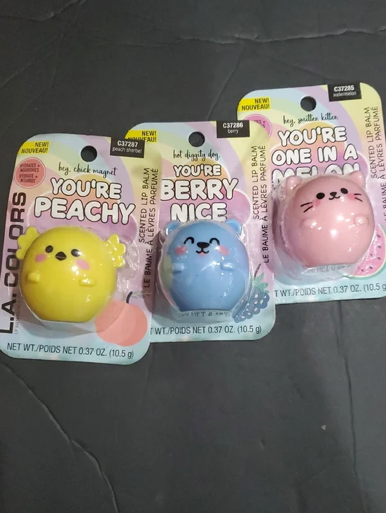 3pack peachy chick, berry dog and melon kitten flavored scented lip balms new