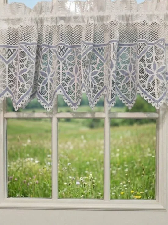 vintage-style lace valance (café curtain)blue pattern & triangle edge