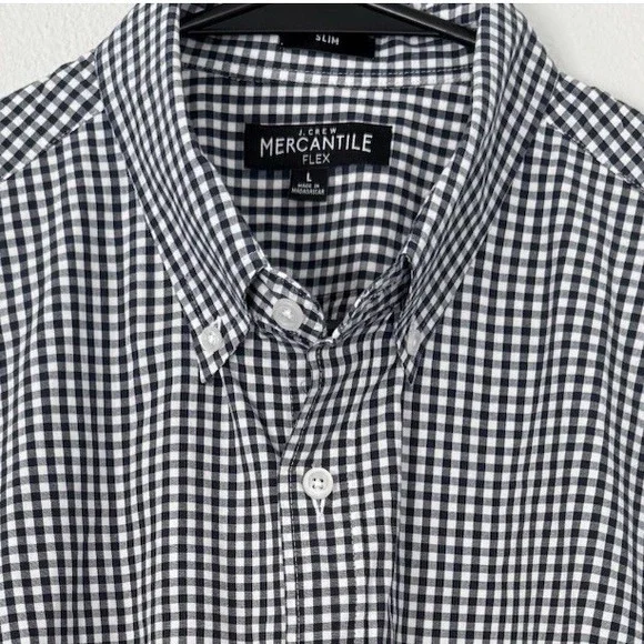 J. CREW Mercantile‎ Flex Men's L Dress Shirt Long Sleeve Navy Blue Gingham Slim