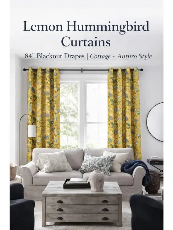Lemon Hummingbird Curtain 84” Blackout Drape Grandmillennial Anthro Style