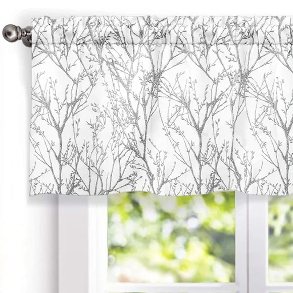 Luxury Home | Elegant Chic Grey & White Tree Branch Print Window Valence