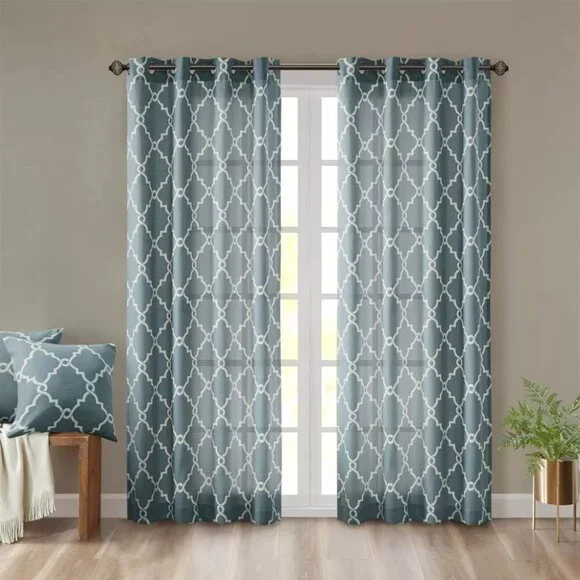 Madison Park Sereno Fretwork Teal Blue Light Filtering Curtain Panel 50